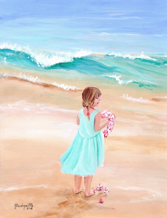 girl with lei, welcome lei, aloha lei, lei of flowers, lei art, plumeria art, hawaii art, hawaiian art gallery, oahu maui, kauai fine art