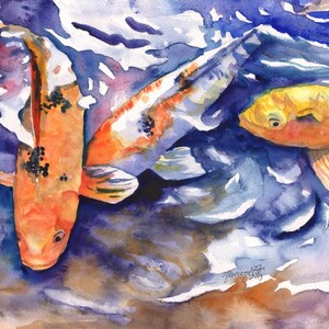 May include: Watercolor painting of koi fish swimming in a pond. The fish are orange, white, and yellow, with black markings. The water is a mix of blue, purple, and white, creating a sense of depth and movement. The artwork is signed in the bottom right corner.