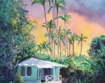 kauai plantation cottage, kauai art, hawaii prints, hawaii art, hawaiian paintings, kauai giclee, waimea cottages, tropical sunsets, houses