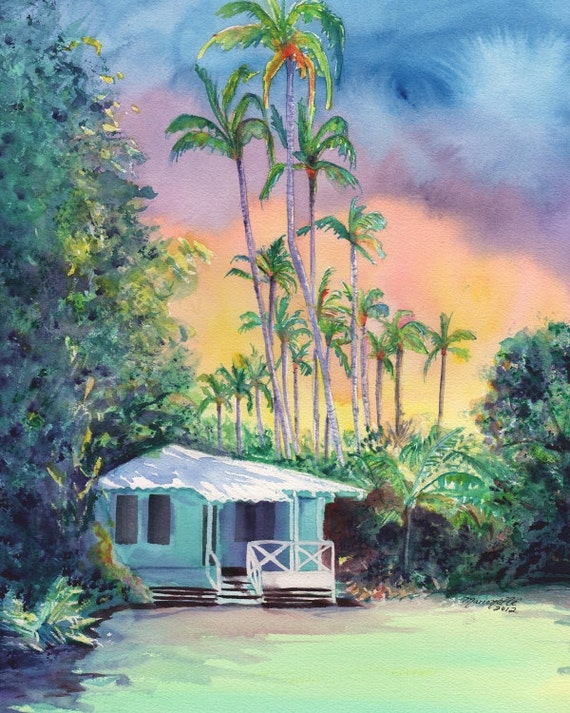 kauai plantation cottage, kauai art, hawaii prints, hawaii art, hawaiian paintings, kauai giclee, waimea cottages, tropical sunsets, houses