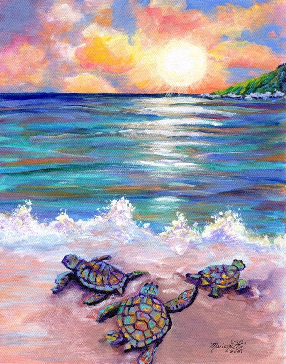 Baby Sea Turtles, Kauai Painting, Kauai Wall Art, Kauai Decor, Hawaiian Art, Sunset, Ocean Life, Honu, Baby Sea Turtle Print