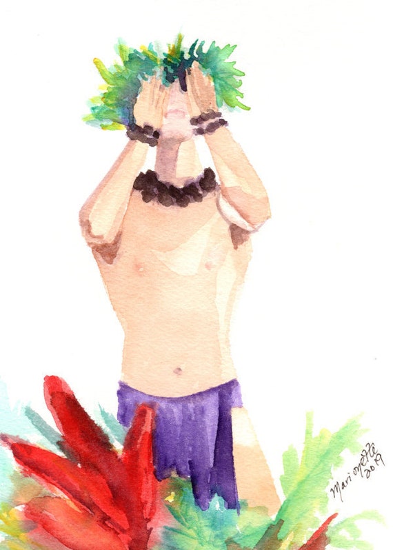 Hawaiian Hula Watercolor Print, Hula Art, Male Hula Dancer, Kane Kahiko, Hawaii Decor, Hawaii Art, Hawaiian Painting, Man Hula Dancer