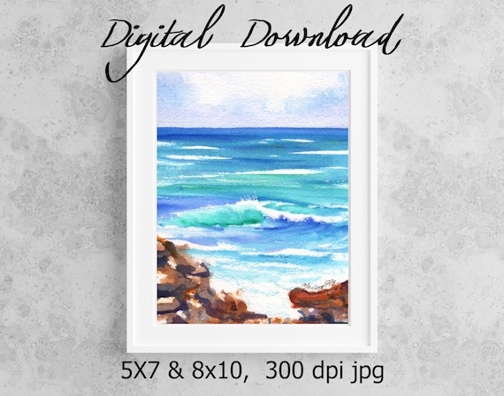 Kauai Seashore Print Digital Download 8x10 5x7 jpg Watercolor Print Printable wall art Downloadable Ocean Decor Hawaiian Beach Wave