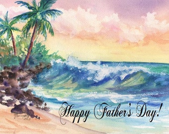 May include: Watercolor painting of a tropical beach scene with palm trees, crashing waves, and a sandy shore. The text "Happy Father's Day!" is written in cursive at the bottom of the image.