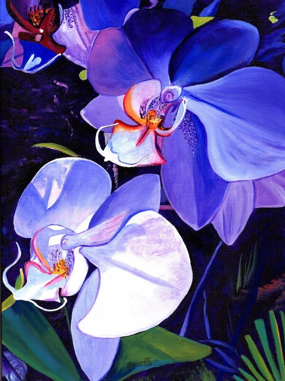 Blue Purple Orchids, Orchid Prints, Midnight Blue, Aubergine, Love Harmony, Aloha Spirit of Kauai, made in Hawaii, Hawaiian Art