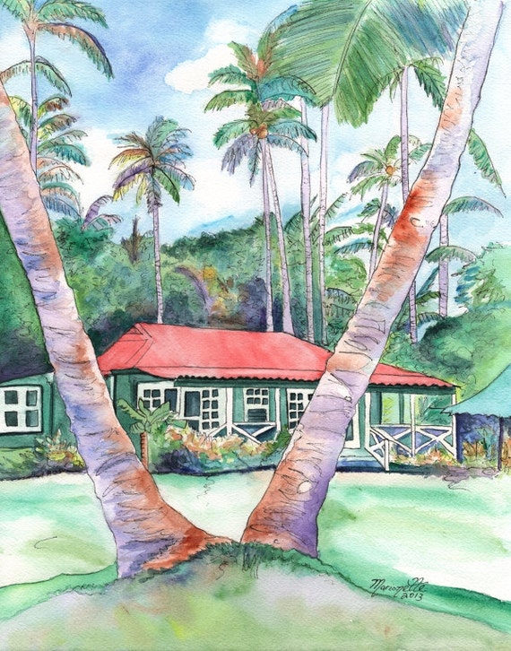 Kauai Plantation Cottage, Kauai art print, Kauai painting, Waimea Plantation Cottages, Tropical House, Hawaiian Vacation, Hawaii art