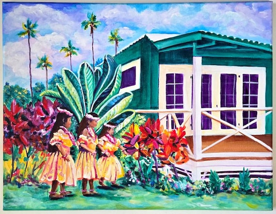 Keiki Hula Girls by the Waimea Plantation Cottages Kauai Hawaii Original Acrylic Painting by Marionette