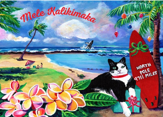 Kitty at Poipu Beach, Hawaiian Christmas Card Printable, Mele Kalikimaka, Downloadable, Hawaii Christmas, DIY Card, 5x7 PDF digital card