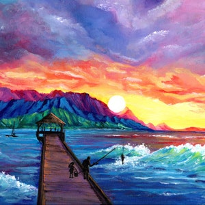 Fishing from Hanalei Pier, Kauai Art Print, Hawaii Art, Kauai Painting, Kauai Beach Art, Hanalei Sunset, Seascape Painting, Hawaii Decor