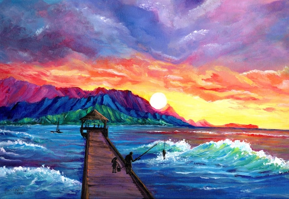 Fishing from Hanalei Pier, Kauai Art Print, Hawaii Art, Kauai Painting, Kauai Beach Art, Hanalei Sunset, Seascape Painting, Hawaii Decor