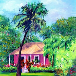 Pink Cottage, hawaiian paintings, art print, Kauai art. Hawaii art, tropical pink Hawaiian art old plantation house kauaiartist