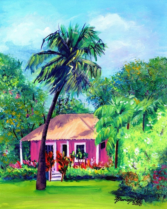 Pink Cottage, hawaiian paintings, art print, Kauai art. Hawaii art, tropical pink Hawaiian art old plantation house kauaiartist