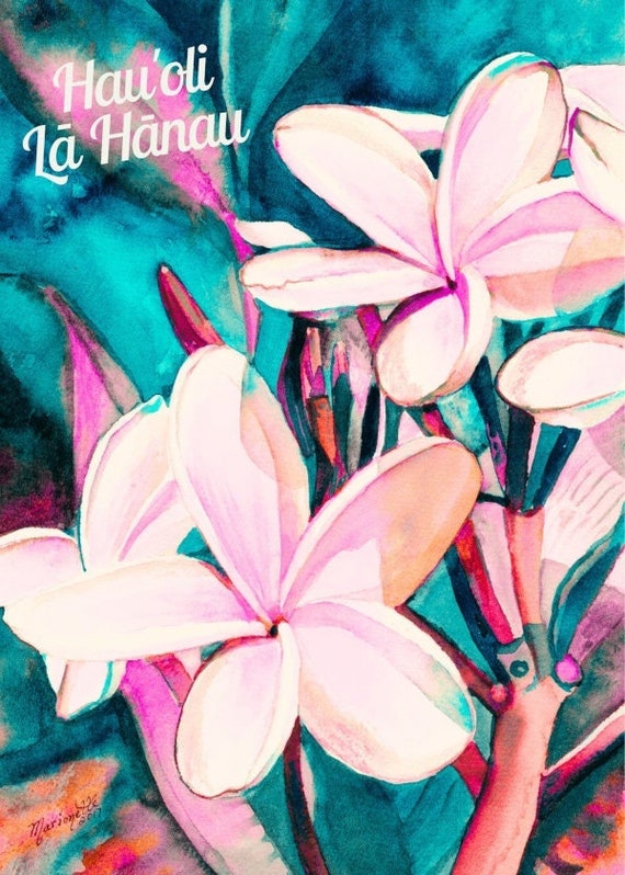 Hawaii Birthday Card, Printable PDF 5x7, Retro Plumeria, Hauoli La Hanau, Hawaiian Greeting, Instant Download