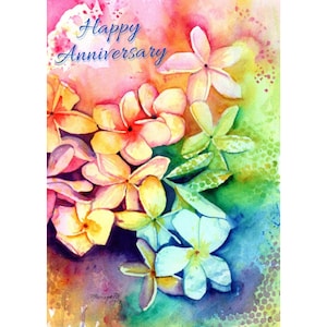 DIY Happy Anniversary Plumeria Card, do wydrukowania, tropikalne kwiaty, pozdrowienia, PDF 5x7, wydrukuj to sam, pobierz, Kauai Oahu Maui, tęcza