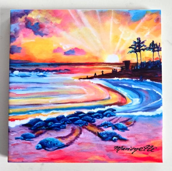 Beach Sea Turtle of Hawaii Ceramic Tile, Kauai Art by Marionette, Trivet