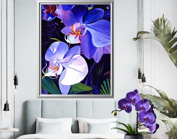 Blue Purple Orchids Hawaiian Large Wall Art on Fine Art Paper