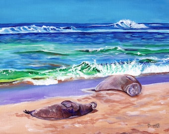 Hawaiian Monk Seals, Original Acrylic Painting, Hawaii Wall Art, Kauai Beach, Seals Napping, Cute Ocean Animals, Sea Life, Save the Ocean