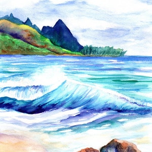 Kauai Tunnels Beach - Kauai Art Print - Watercolor Prints - Kauai Art Prints - Hawaii  Art - Hawaiian Art - Makana Mauka