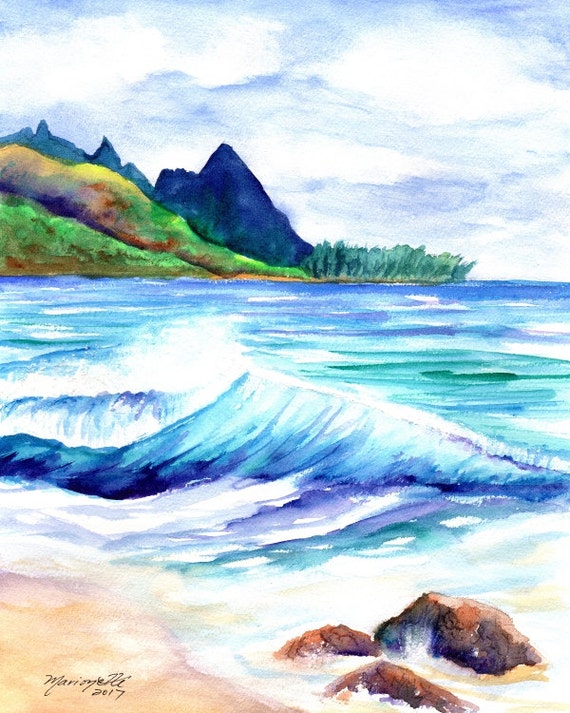 Kauai Tunnels Beach - Kauai Art Print - Watercolor Prints - Kauai Art Prints - Hawaii  Art - Hawaiian Art - Makana Mauka