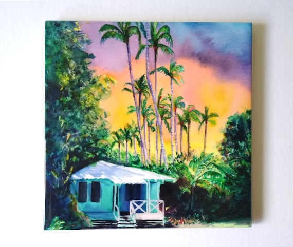 Plantation Cottage with Sunset Kauai Hawaii Ceramic Tile, Art by Marionette, Trivet