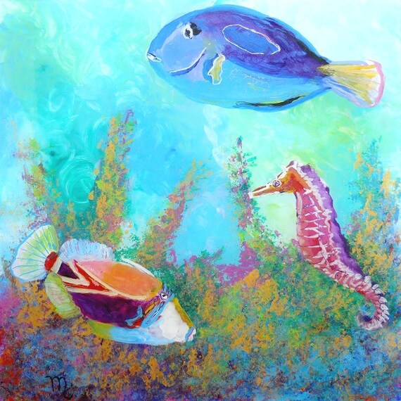 Hawaiian tropical fish art, square print, trigger fish art, seahorse art,  ocean paintings, hawaii sea life,  fish art prints, under the sea