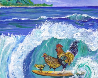 Kauai Chicken and Rooster Surfing Wall Art Print