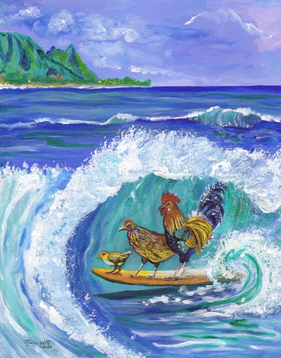 Kauai Chicken and Rooster Surfing Wall Art Print