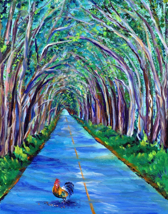 Tree Tunnel with Rooster Fine Art Print, Hawaiian Chicken Kitchen Wall Decor, Koloa Maluhia Poipu