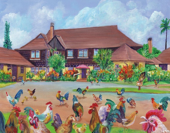 Kilohana with Chickens and Roosters, Fine Art Print, Hawaiian, Hawaii Painting, Kauai Rooster, Gaylord's, Rum Safari, Plantation