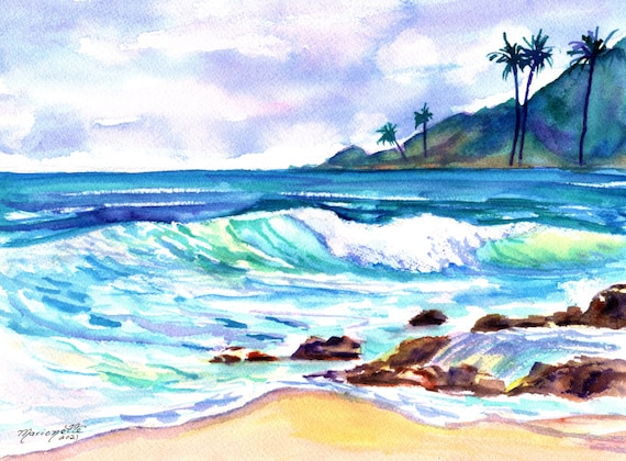 Kauai Wailua Beach Waves Art Print, Hawaiian Paintings, Kauai Seascapes, Tropical ocean waves, Hawaii Decor, Royal Coconut Coast