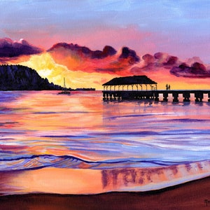 Hanalei Pier at Sunset, Kauai Art Print, Hawaii Art, Kauai Painting, Kauai Beach Art, Hanalei Bay, Seascape Painting, Hawaii Decor