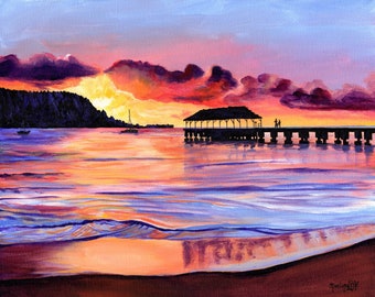 May include: A painting of a sunset over a calm ocean with a pier extending into the water. The sky is a vibrant mix of pink, orange, and purple, with fluffy clouds. The pier has a thatched roof and a few silhouettes of people walking on it. The water reflects the colors of the sky.