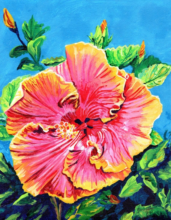 Hawaii Hibiscus, Pink Yellow Orange Hibiscus, Hibiscus Print, Hibiscus Art, Tropical Flower art, Hawaiian Hibiscus, Hawaiiana