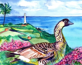 Nene Goose, Nene Geese, Kauai Art Print, Hawaiian State Bird, Nawiliwili, Hawaii Decor, Golf Course Hokuala , Ninini Point Lighthouse