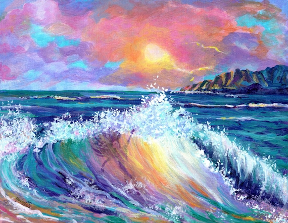 Bodysurfer, Kauai Sunset, Hawaii Art Print, Hawaiian Paintings, Na Pali Coast, Woman in Wave, Ocean Art, Hawaii Seascape, surfing art