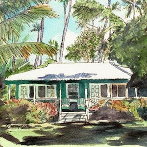 Kauai Cottage art, Kauai print, Waimea Cottages, Hawaii art, Hawaii Painting, Green House, Green Cottage, Old Plantation Cottage, Hawaiian