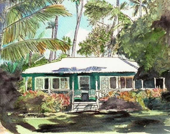 Kauai Cottage art, Kauai print, Waimea Cottages, Hawaii art, Hawaii Painting, Green House, Green Cottage, Old Plantation Cottage, Hawaiian