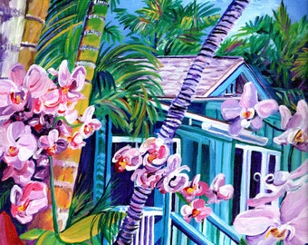 Blue Beach Cottage, Kauai Art Print,  Poipu Vacation House, Kauai Plantation House, Hawaii Decor, Hawaiian Painting, Tropical Garden