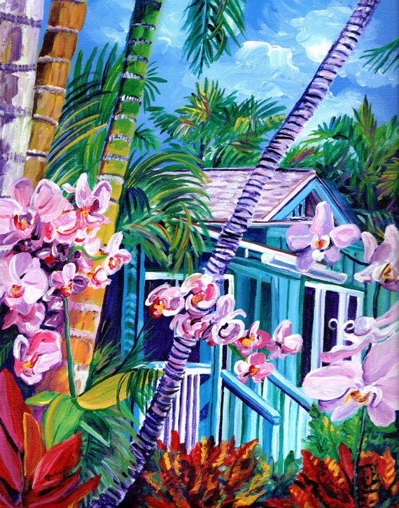 Blue Beach Cottage, Kauai Art Print,  Poipu Vacation House, Kauai Plantation House, Hawaii Decor, Hawaiian Painting, Tropical Garden