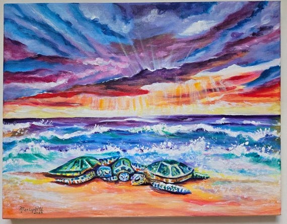 Turtle Family at the Beach on Kauai Original Acrylic Painting, Honu Ohana Hawaiian Green Sea Turtles