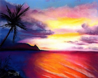 Hanalei Bay, Kauai Art, Kauai Art Prints, Hanalei Sunset Print, Kauai Paintings, Kauai North Shore Art, Hawaiian Sunset, Kauai Beach Art