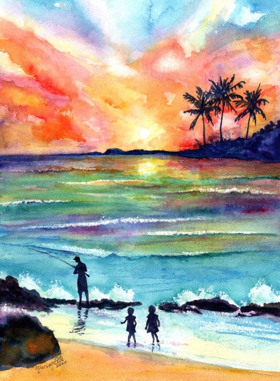 Family Portrait Print, Ohana Fishing, Gift for Dad, Fathers day Gift, Tropical Sunset, Watercolor, Hawaii Art, Hawaiian Painting, Kauai Art