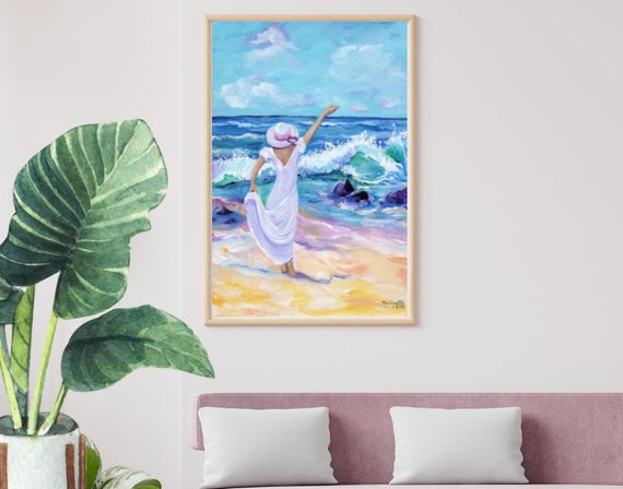 Hawaii Beach Lady, Large Art Print, Hawaiian Decor, Kauai Lady with Hat, Ocean, Tropical, Gift for Her, Girls Room Artwork