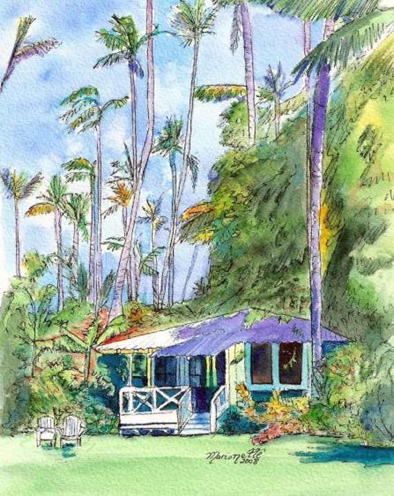 hawaiian cottage art, old plantation cottages, kauai art, waimea plantation cottages, Vacation art paintings, Hawaii wall art, blue houses