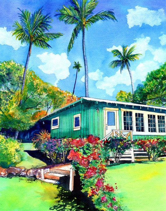 Kauai Plantation Cottage, Kauai art, Hawaii art, Hawaiian artwork, Kauai painting, Green House, Tropical Cottage,  Hawaiian Vacation