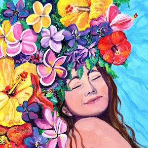 Woman with Flowers, Kauai Art Print, Hawaiian Paintings, Dreamer, Hawaii Decor, Lady with Plumeria, Tropical Girl, Island Life, Bliss