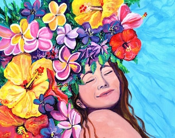 Puede incluir: Una pintura de una mujer con los ojos cerrados, usando una corona de flores de colores. Las flores son rosas, amarillas, rojas, moradas y blancas. El fondo es azul claro.