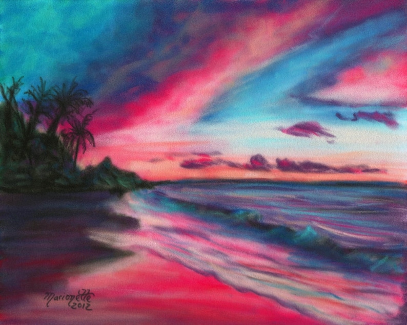 May include: A painting of a tropical sunset over a beach with palm trees in the foreground. The sky is a vibrant mix of pink, purple, and blue, with clouds reflecting the colors. The ocean is a deep blue, with waves crashing on the shore. The beach is a soft pink, with the sand reflecting the colors of the sky.