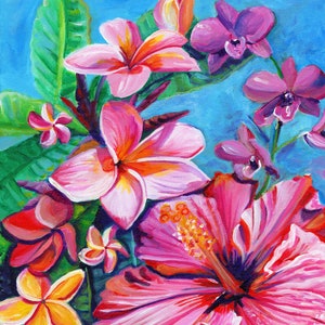 Tropical Flower Art Print, orchid, pink hibiscus, plumeria, frangipani, hawaii decor, hawaiian wall art, gift for her, colorful flowers
