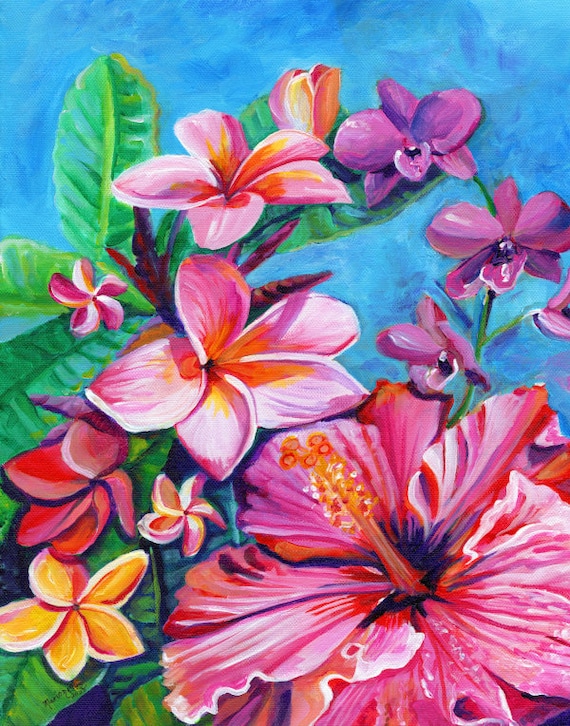 Tropical Flower Art Print, orchid, pink hibiscus, plumeria, frangipani, hawaii decor, hawaiian wall art, gift for her, colorful flowers
